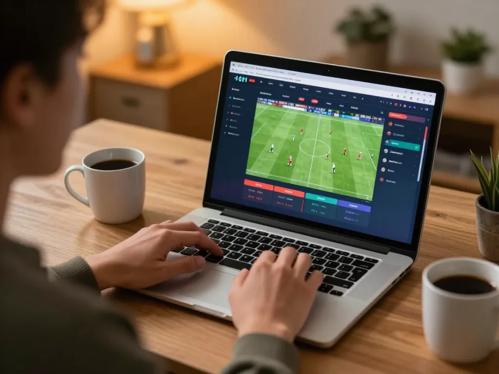 NOWGOAL sports betting interface showing live soccer odds on a laptop in a cozy home office