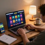 Player strategizing at RR88 online casino on a laptop, showcasing immersive gaming.