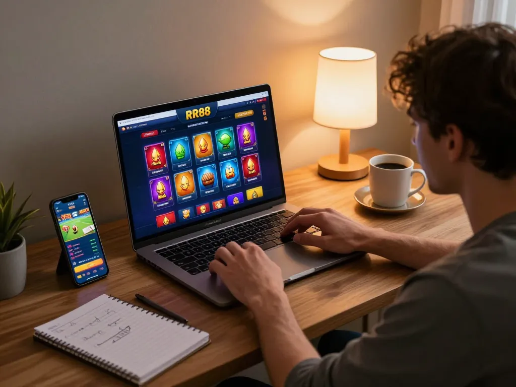 Player strategizing at RR88 online casino on a laptop, showcasing immersive gaming.