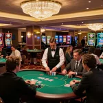 Engaging gameplay scene at a casino poker table showcasing a Game Bài Đổi Thưởng experience, with players focused on their strategies and bets.