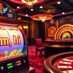 Players engaging in nổ hũ on a vibrant slot machine with cascading coins in a luxurious casino.