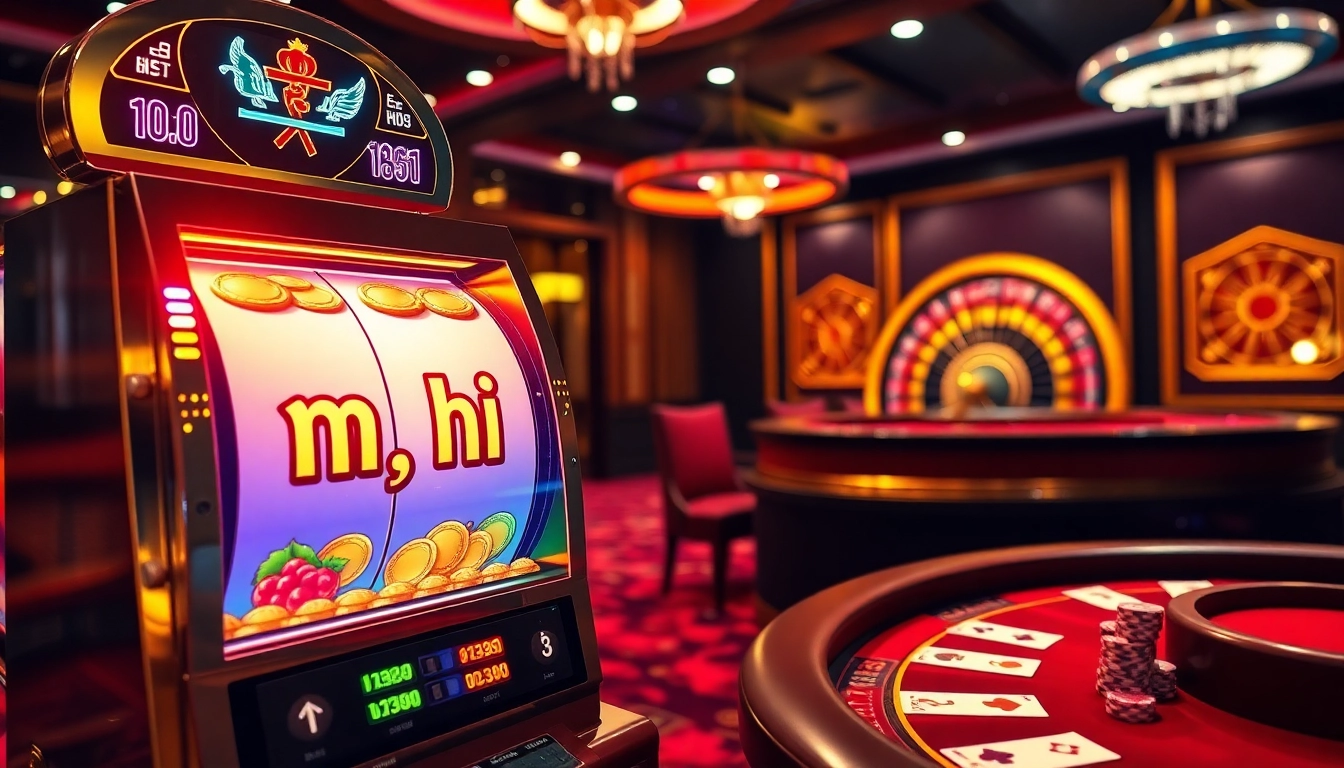 Players engaging in nổ hũ on a vibrant slot machine with cascading coins in a luxurious casino.