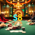 Experience the thrill of poker at S8 with colorful chips and a high-stakes table.