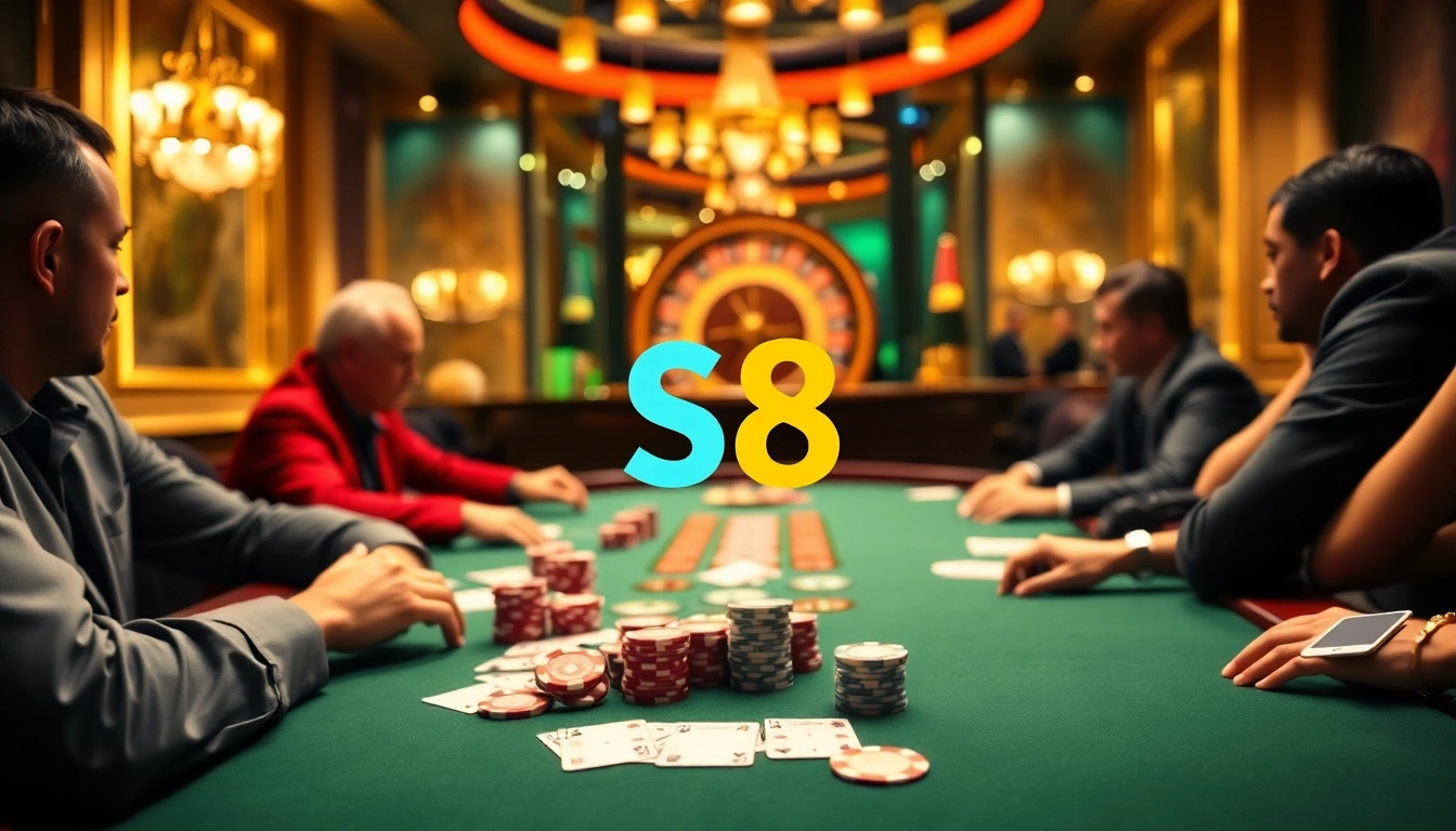 Experience the thrill of poker at S8 with colorful chips and a high-stakes table.