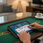 Player enjoying vsbet live dealer blackjack on a tablet in a cozy home office environment.