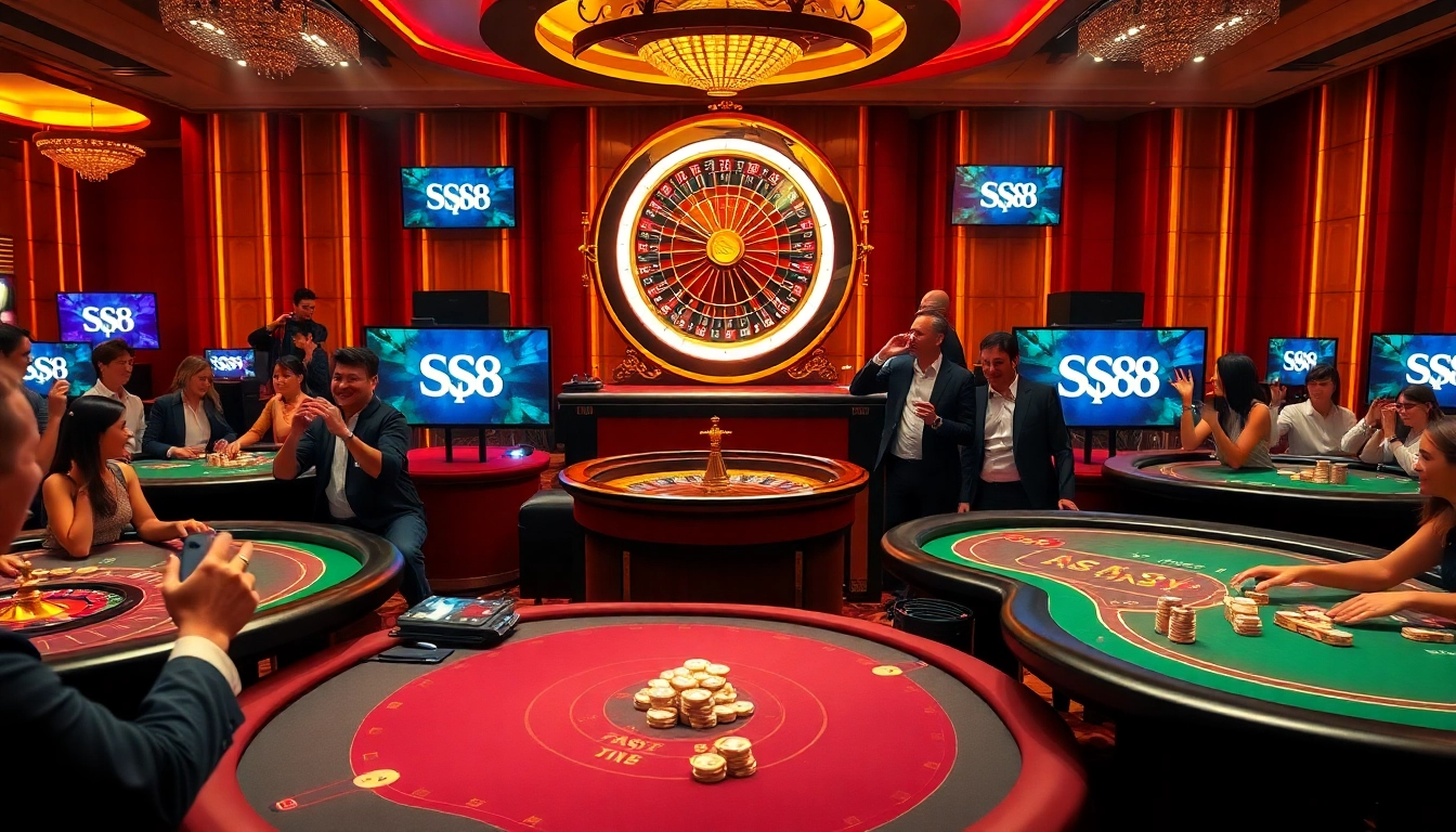 Players celebrate wins at S8 casino gaming tables featuring poker and roulette.