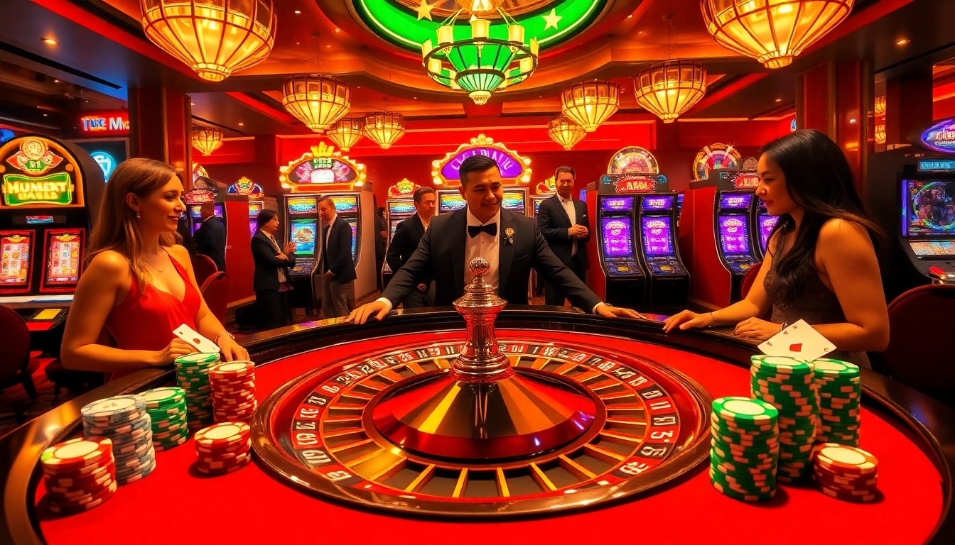 Gamblers enjoying a thrilling roulette game at a luxurious casino featuring 22JL.