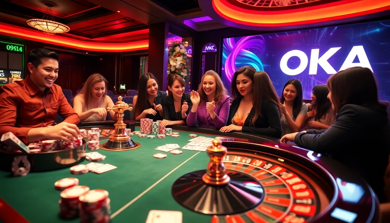 Players enjoying an exciting casino game scene featuring OKATM, with chips, cards, and roulette.