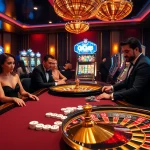 Experience thrilling gaming moments at OK365, featuring a glamorous casino setup with poker tables and roulette wheels.