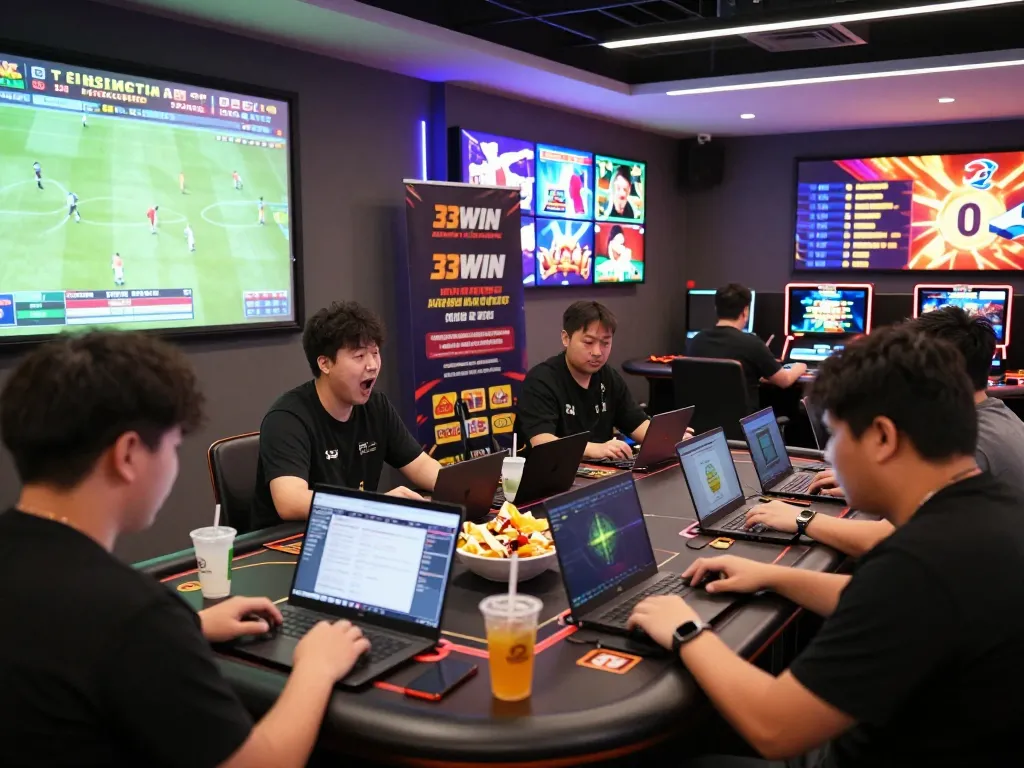 Excited players engaged with 33WIN online gambling platform in a vibrant gaming lounge.