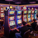 Players celebrating wins at colorful slot gacor machines in a lively casino atmosphere