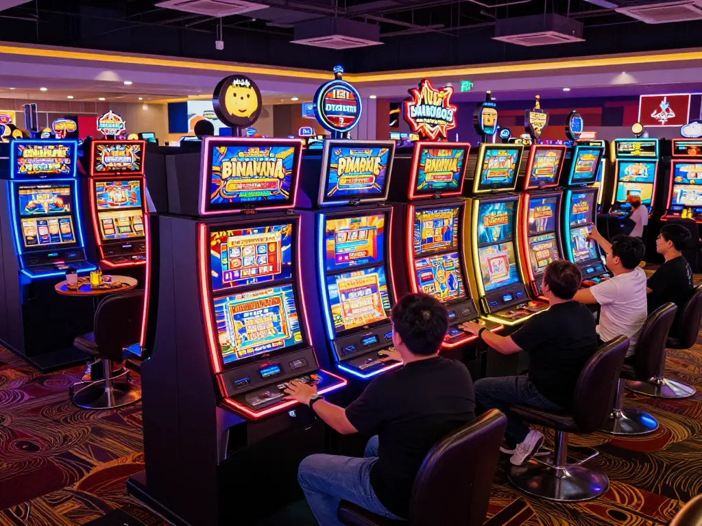 Players celebrating wins at colorful slot gacor machines in a lively casino atmosphere