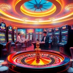 Experience the thrill of QQALFA with vibrant slot machines and roulette in a luxurious casino setting.