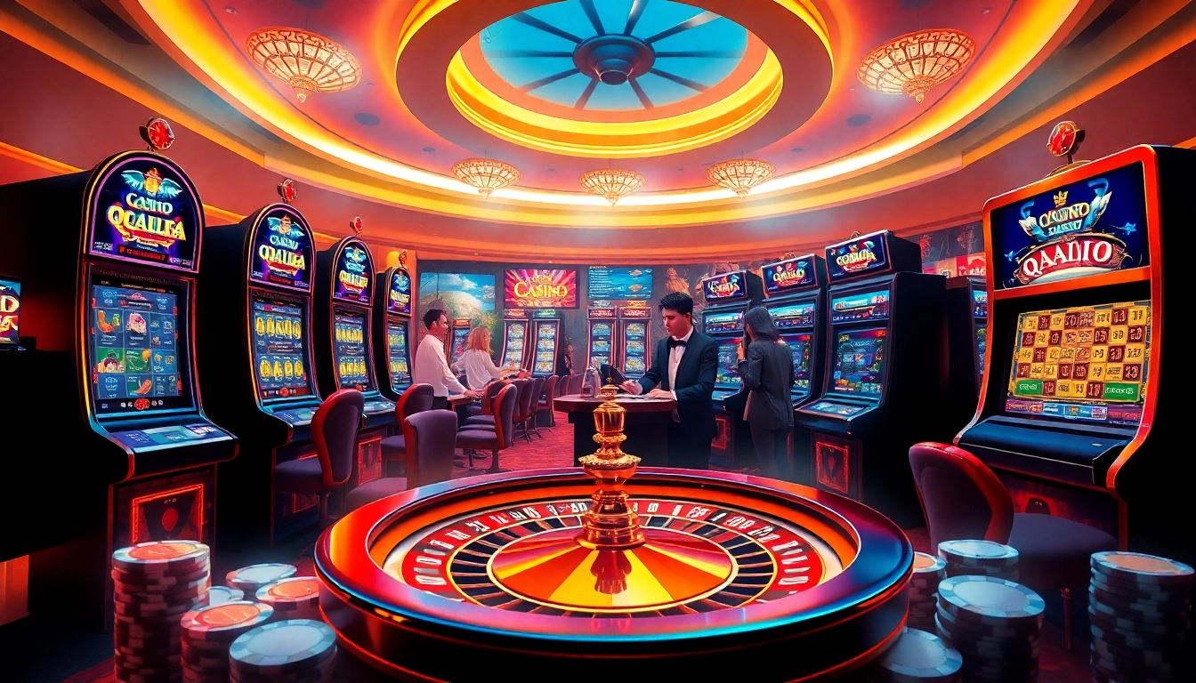 Experience the thrill of QQALFA with vibrant slot machines and roulette in a luxurious casino setting.