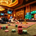 Engaged players at a hz88 poker table in a luxurious casino setting, showcasing vibrant poker chips.