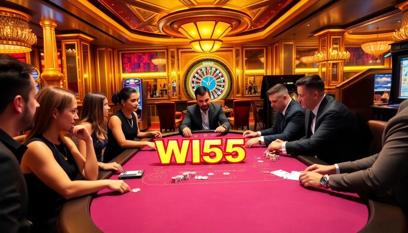 Players enjoying a thrilling game of Win55 at an opulent casino poker table.