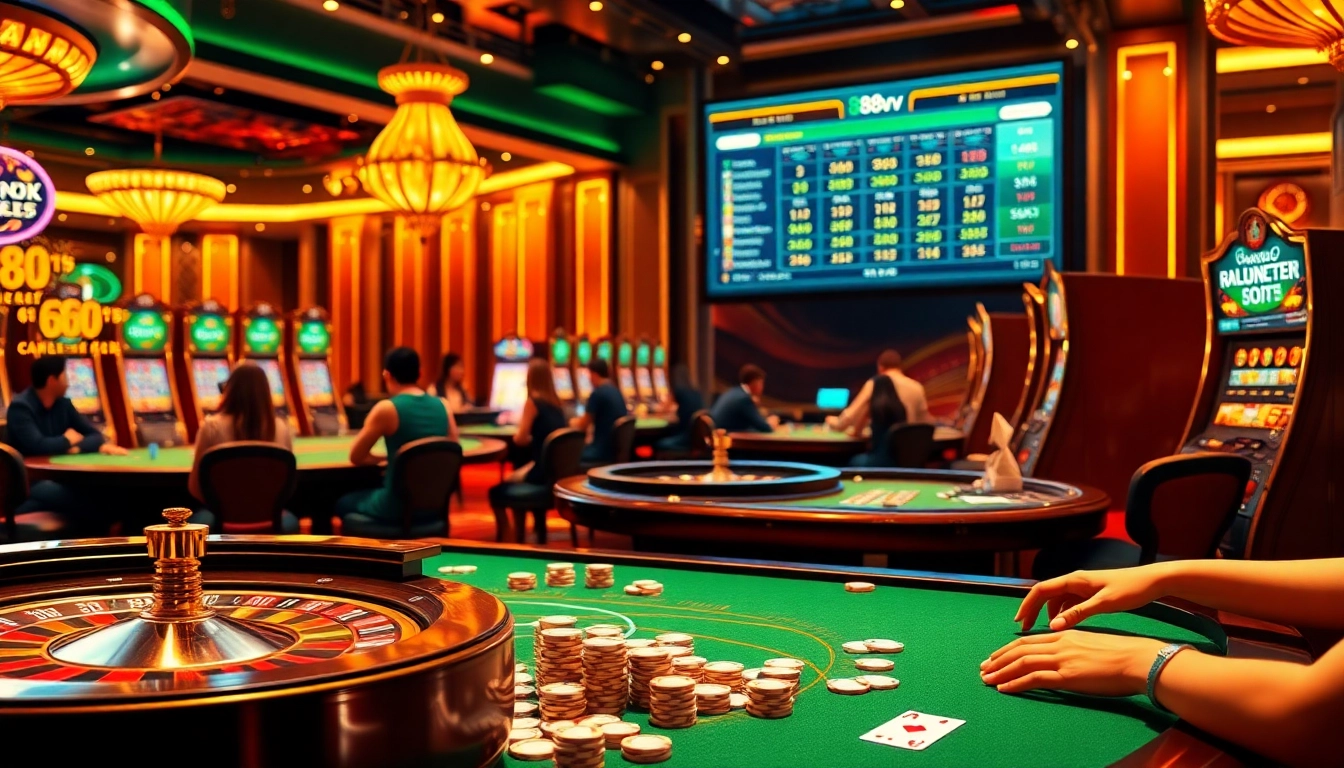 Gambling excitement at 88vn with vibrant casino tables and animated slot machines.