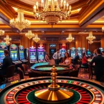 Excited gamblers enjoying games at a luxurious casino featuring pg88 themed slots and roulette.
