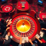 Experience the excitement of sunwin as players engage in a vibrant casino scene, placing bets at a stunning roulette table.