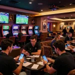 Engaged bettors actively placing wagers at https://gg88.my/ during a sports betting lounge event with vibrant screens.