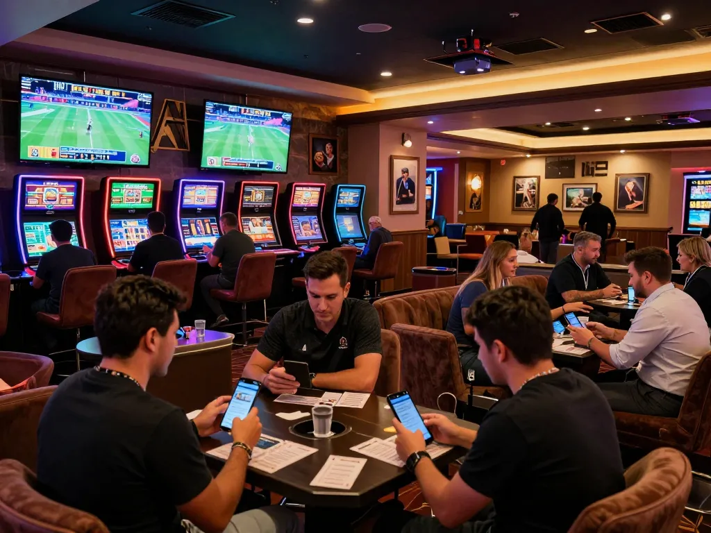 Engaged bettors actively placing wagers at https://gg88.my/ during a sports betting lounge event with vibrant screens.