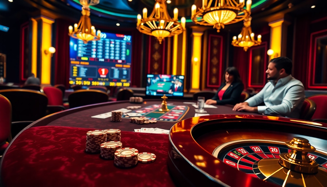 Engaging atmosphere of the 789 club with players enjoying poker and roulette in a luxurious casino setting.