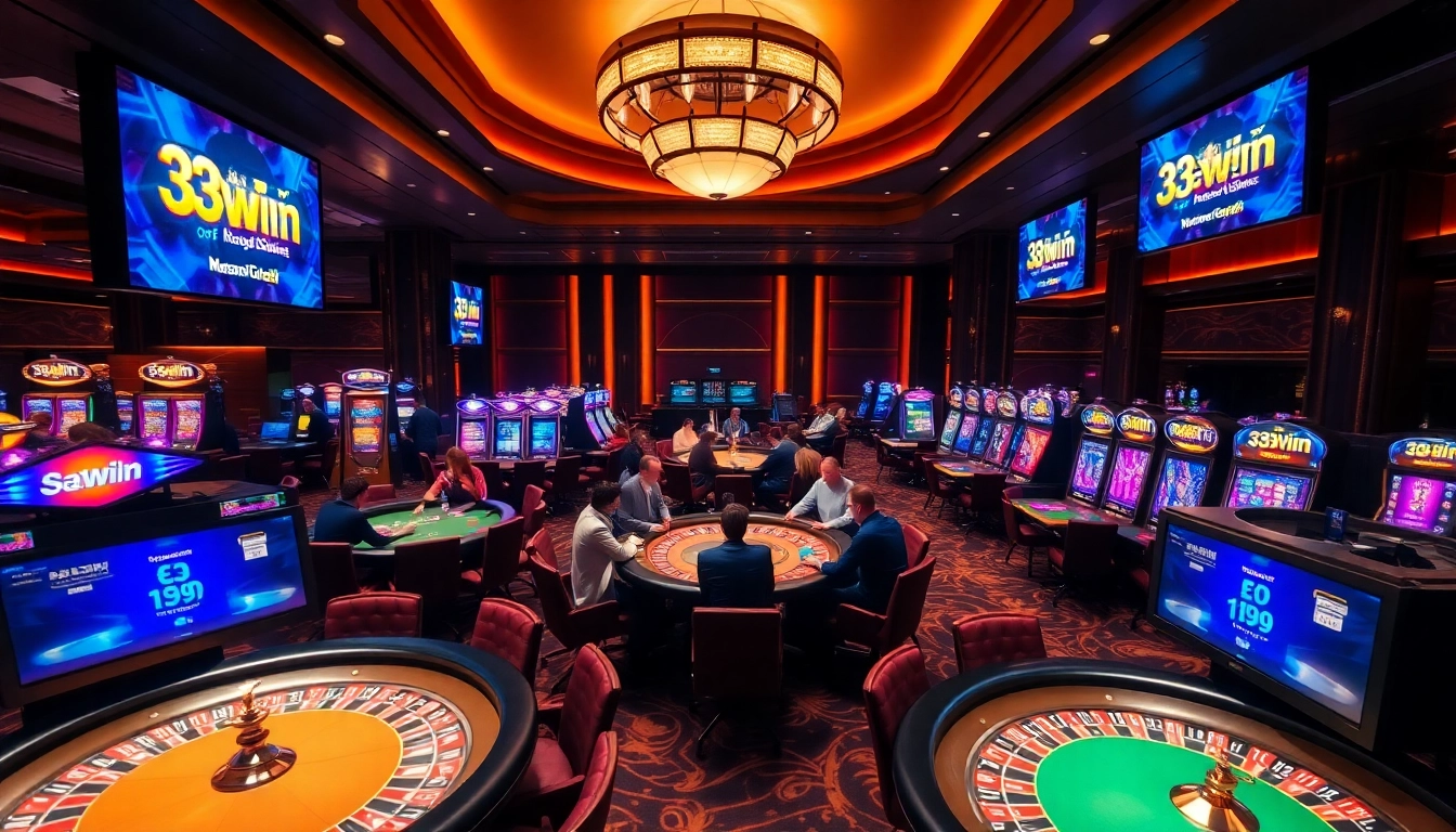 Players enjoying a thrilling game experience at 33win casino with vibrant tables and slot machines.
