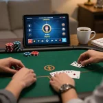 Win138 players engaging in an exciting online poker match at home, showcasing strategic gameplay.