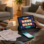 Player enjoying king88 online casino gaming on tablet in a cozy setting, showcasing strategic gameplay.