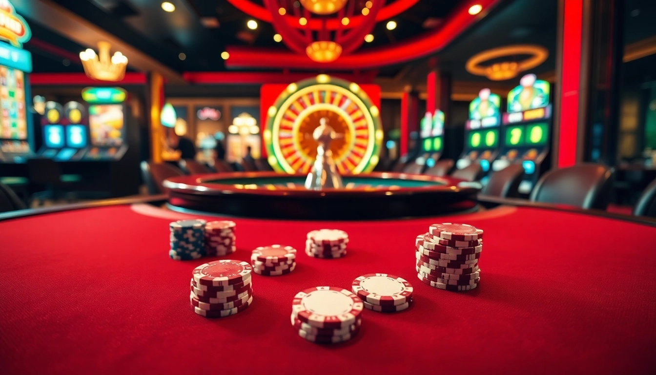 Engage in thrilling gameplay at king88's vibrant casino, featuring poker tables and slot machines.