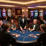 At https://98winn.net/, players engage in intense poker gameplay at an upscale casino.