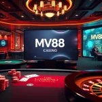 Exciting casino scene featuring MV88 with casino tables, chips, and roulette wheels.