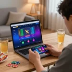 Wala88 player engaging with live betting on a smartphone in a cozy room.