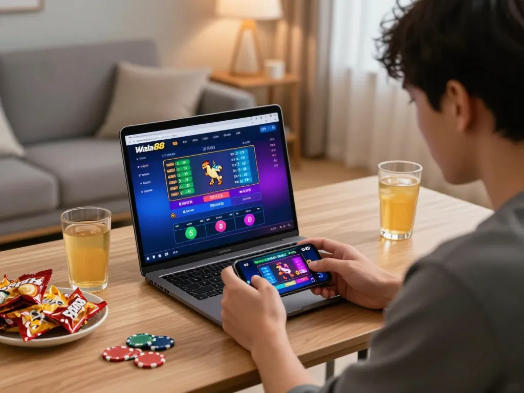 Wala88 player engaging with live betting on a smartphone in a cozy room.