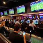 Patrons enjoying live betting at sportsbook, showcasing Ok9 action and excitement of in-game wagering