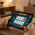 88vv player engaging in live casino gameplay on a tablet in a cozy home setting.