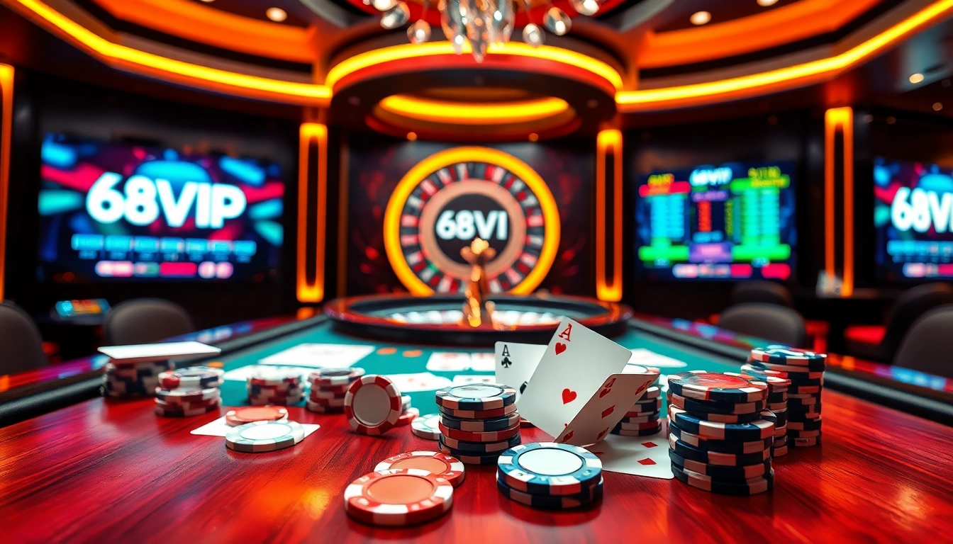 Experience thrilling gameplay with 68VIP at an elegant casino table featuring poker chips and cards.