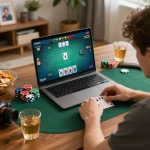 MrPokies online gaming session with a focused player engaged in poker strategy at home