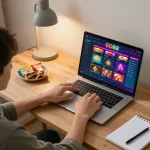 Engaged player enjoying GO88 gaming on a laptop with colorful interface in a cozy setting