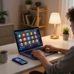 Engaging in slot777 gameplay at home, showcasing a modern setup with a laptop and smartphone.
