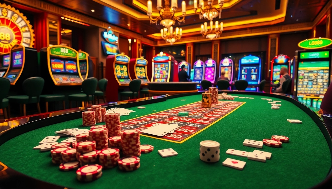 Experience lode88 in a vibrant casino setting with poker chips and roulette excitement.