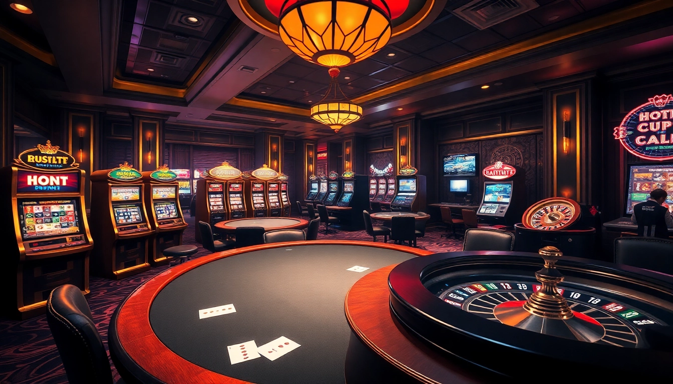 Engaging scene of gamblers at a casino table at 123ga.ink, surrounded by vibrant slot machines and roulette.