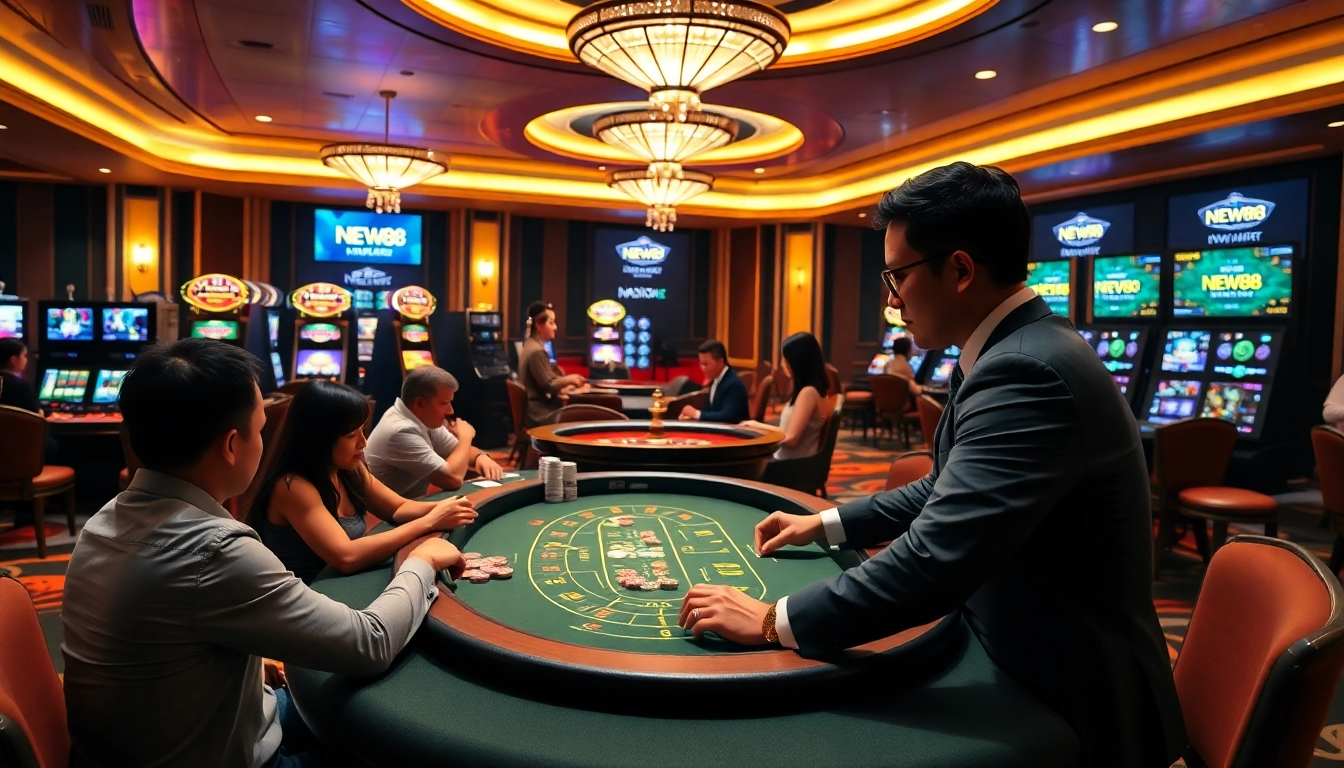 Experience luxury gambling at Nhà Cái NEW88 with vibrant casino tables and energetic players.
