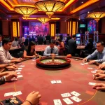 A high-stakes Game Bài Đổi Thưởng scene showing players engaged in poker at a luxurious casino table.