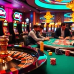 Mibet casino scene with players engaging in poker and roulette in an upscale setting.