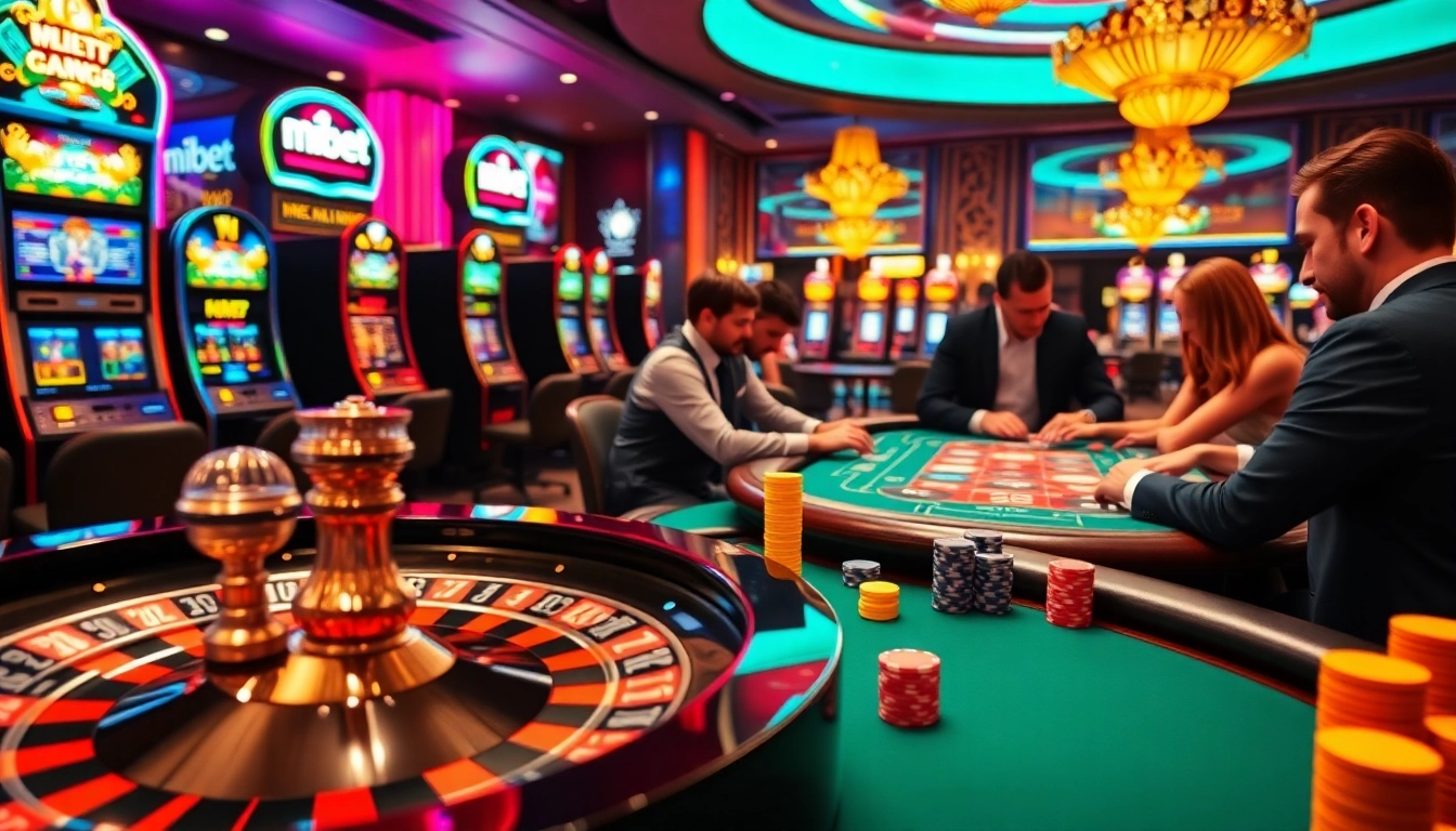 Mibet casino scene with players engaging in poker and roulette in an upscale setting.
