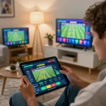Engaging moment of a player using the LODE88 app for sports betting in a cozy home setting.
