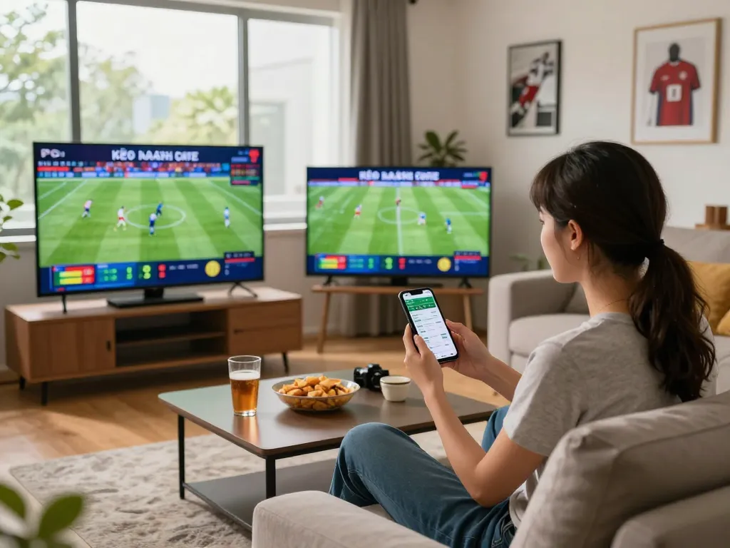 Engaged sports fan using kèo nhà cái app while watching live football matches in a modern living room.