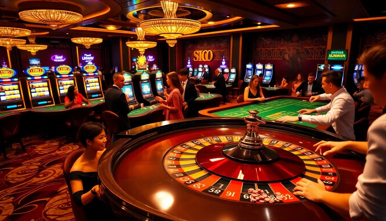 SUNWIN casino scene with vibrant roulette table and thrilled players engaging in high-stakes betting.