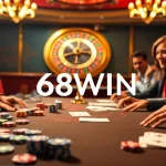 Experience high-stakes thrills at 68WIN with an action-packed casino scene featuring vibrant poker chips and a roulette wheel.